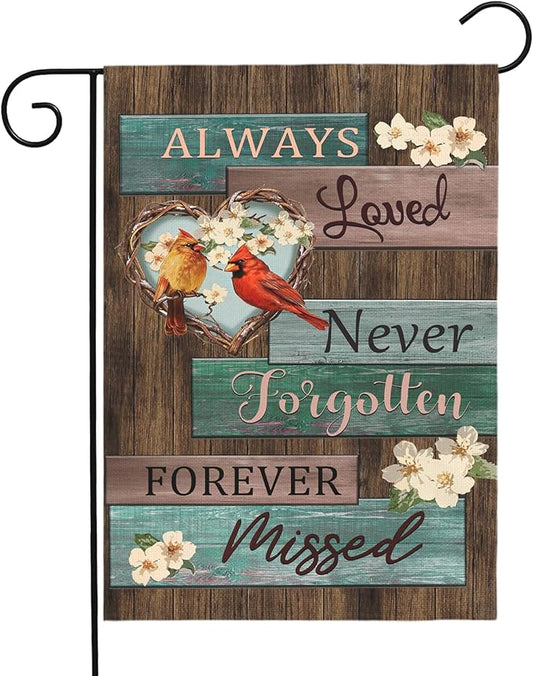 Cardinal Memorial Garden Flag Always Loved Never Forgotten Forever Missed Spring Summer Remembrance Yard Flags Red Bird Sympathy Outdoor Decor House Banner Double Sided 12x18 Inch Lawn Porch
