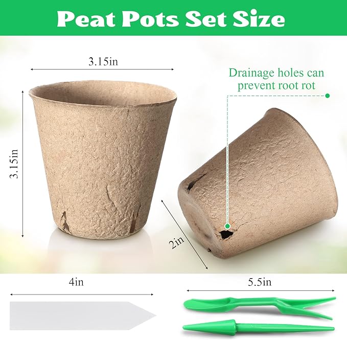 Nuogo 240 Pcs Peat Pots Starters Kit for Seedling 3.15 Inch Biodegradable Small Nursery Pots Planting Peat Trays with 120 Labels and 2 Transplant Tool for Flower Fruit Vegetable Seed Germination