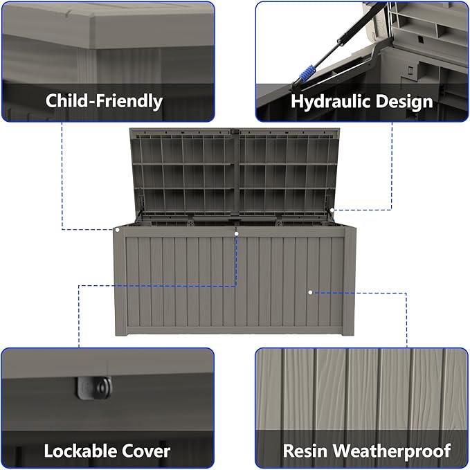 270 Gallon Outdoor Storage Box Resin Deck Box All Weather Waterproof Large Lockable Storage Container Deck Box for Patio Furniture, Garden Tools, Lockable, Gray