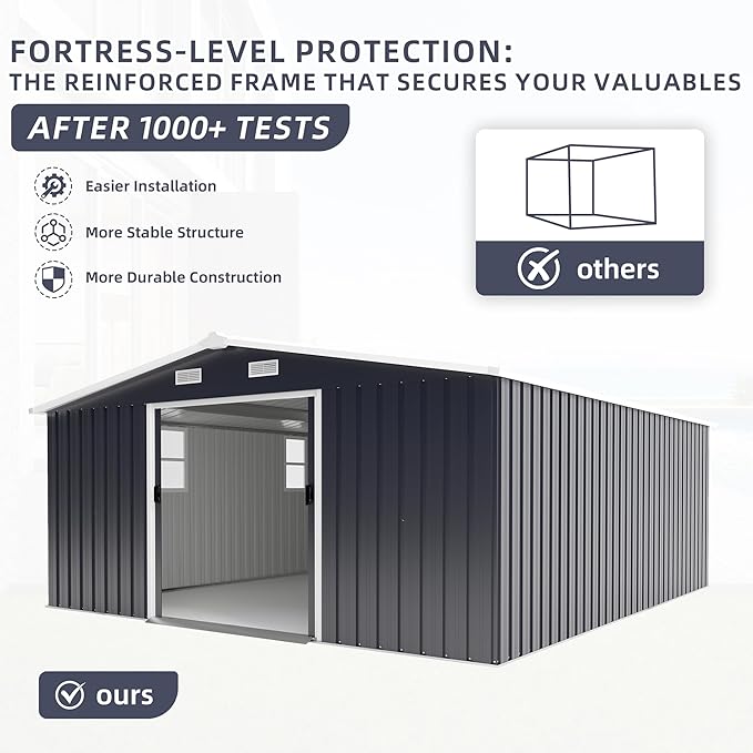 KEIKI 10' x 12' Metal Garden Storage Shed with Foundation Kit, Double Door Outdoor Tool Shed with 2 Windows, Color Steel Construction, Dark Gray