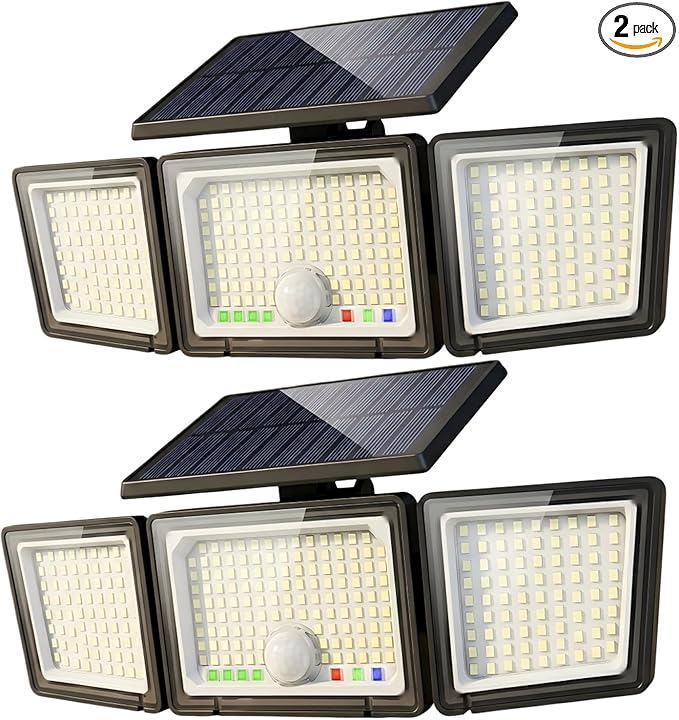 Solar Outdoor Lights Motion Sensor, 2500LM 286 LED Security Flood Lights with Visual Battery & Mode Display, 3 Lighting Modes, IP65 Waterproof 3-Head Wide Angle for Garage, Yard, Patio (2 Pack)