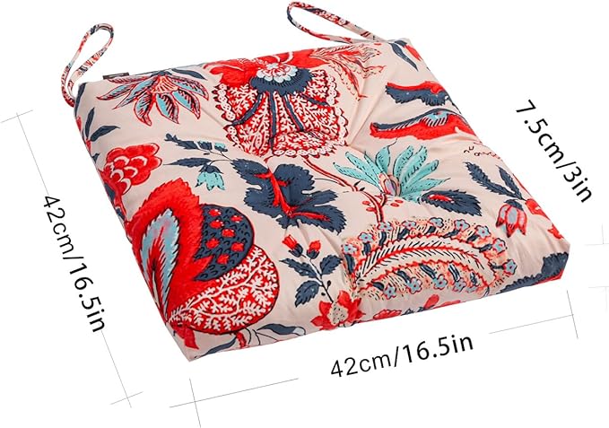 2-Pack Outdoor/Indoor Wicker Patio Seat Cushion Pad with Ties - Dining Chair Cushion, 17" x 17" (Blue and Red Leaves)
