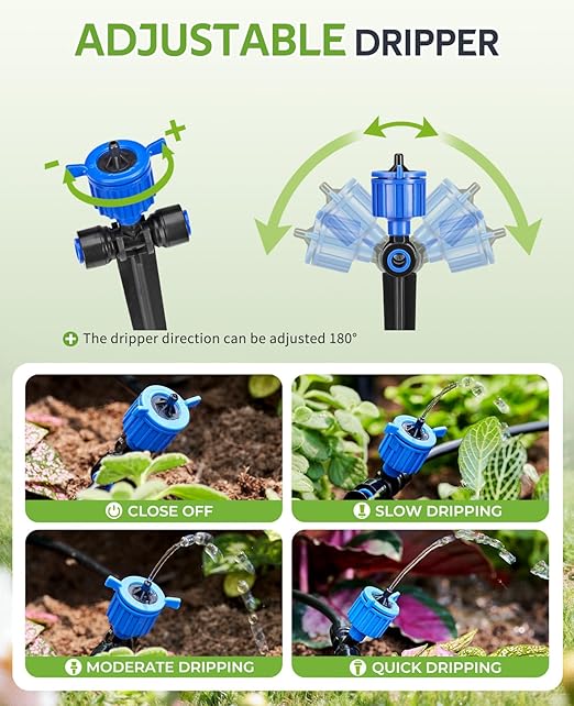 HIRALIY 50FT Pressure Compensated Drip Irrigation System with Timer, No-Leak Quick Connect Automatic Watering System, 12 Adjustable Emitters for Uniform Flow, Garden, Patio, Raised Bed
