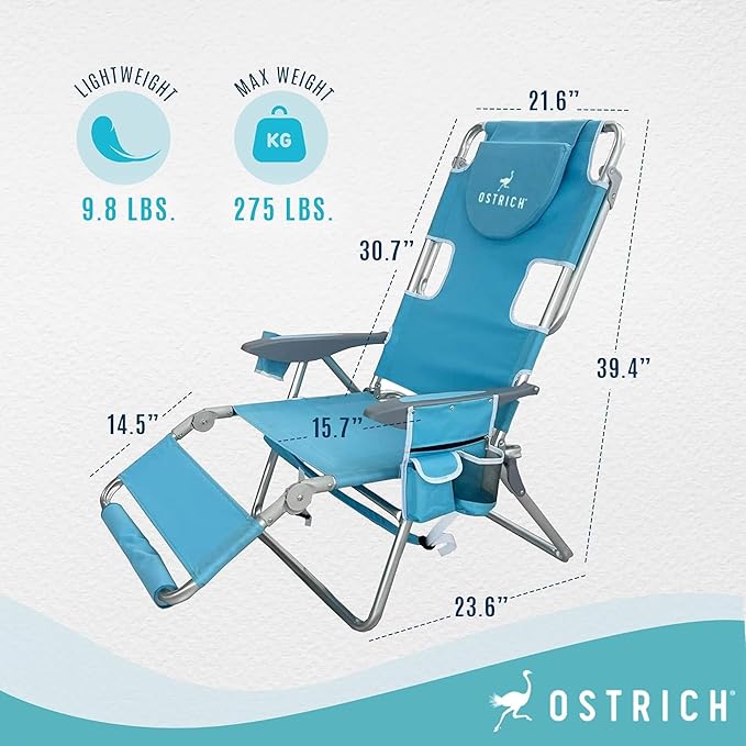 Ostrich the Backpack 3N1 Portable Chair with Cooler Bag and Reclining Lounger for Tanning, Camping, Beach, and Outdoor Essential, Light Blue