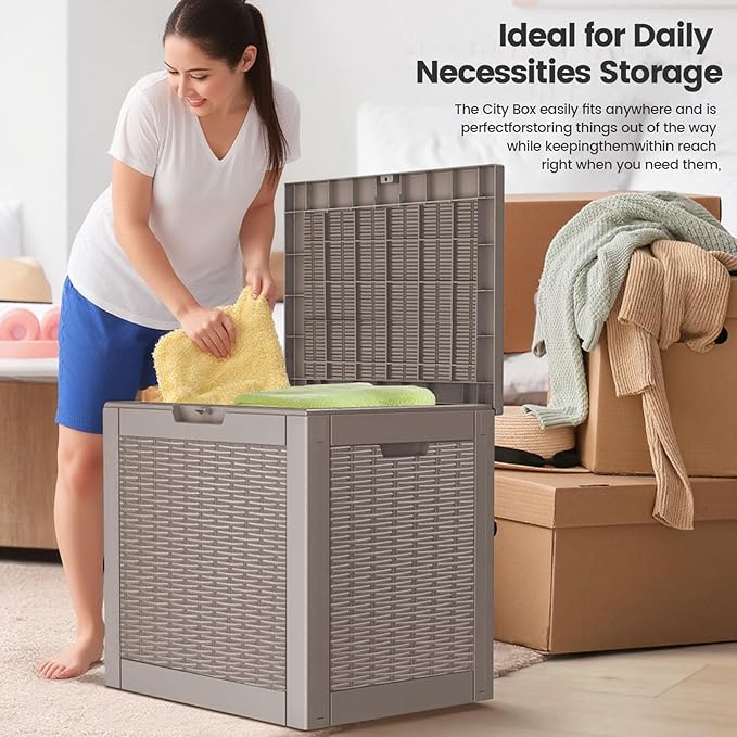 Zapdos Outdoor Storage Box, 31 Gallon Deck Box Indoor and Outdoor Use, Waterproof Resin Rattan Storage Bin for Package Storage Patio Cushions Gardening Tools, Lockable, Fade Resistant, Brown