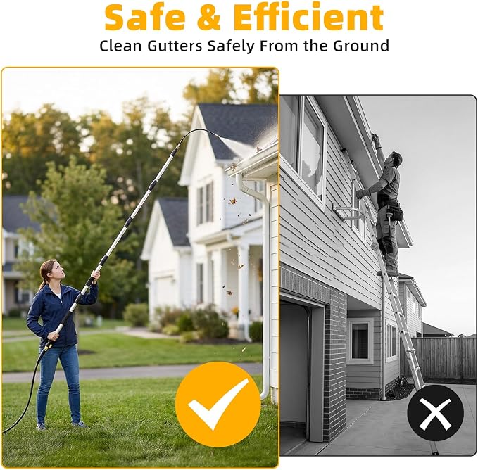 16FT Reach Gutter Cleaner, Gutter Cleaning Tools from the Ground with 3/4" Brass Shut-Off Valve & Bendable 360° Rotating Water Wand, Safe Cleaning for 2-Story Homes