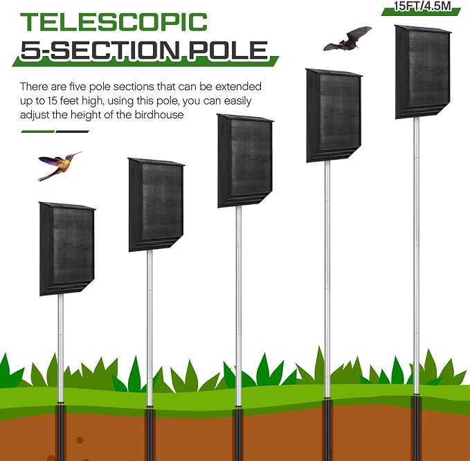 Yaocom 12 FT Telescoping Purple Martin House Pole,Aluminum Bat House Kit with Ground Socket, Adjustable Heavy Duty 4-Section Round Pole, Purple Martin Bird Accessories for Outdoors (Silver)