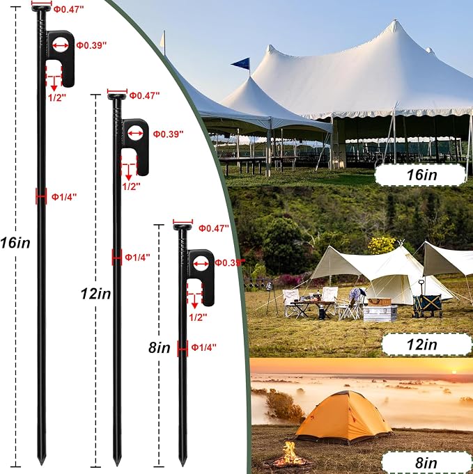24Pcs Tent Stakes, 12in Heavy Duty Tent Stakes with Storage Pouch, Forged Steel Metal Stake for Tent Used on Rocky Place, Grassland, Dessert(24Pcs, 12in, Diameter 1/4")
