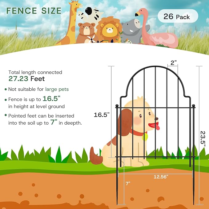 Garden Fence Animal Barrier, 17in H x 27.23ft L, 26 Panels Rust-Resistant Decorative Garden Fence, No Dig Small Garden Fence for Garden Yard Flower Bed Patio Outdoor