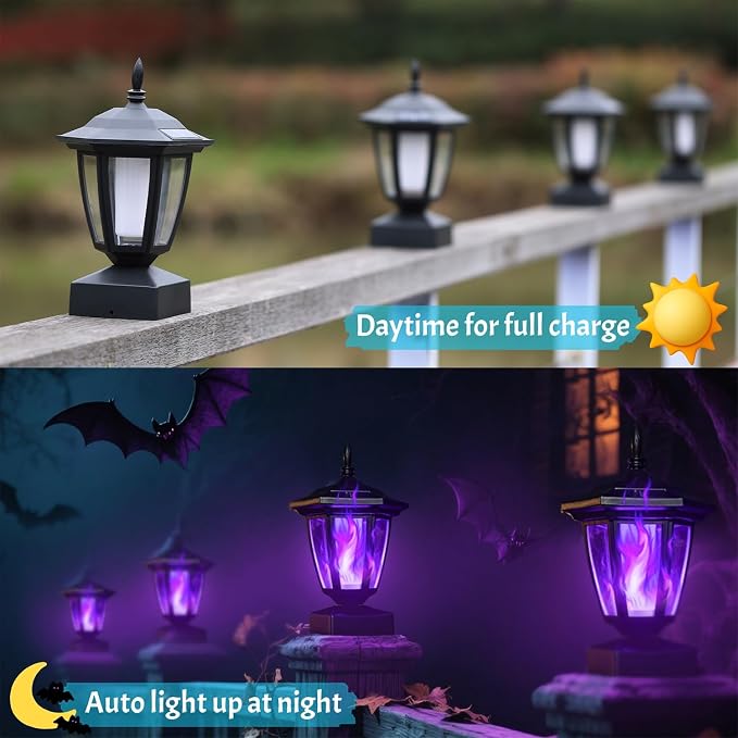 Dynaming Solar Flame Post Cap Lights Outdoor, Halloween Flickering Purple Flame Post Lights, Solar Powered LED Lantern Waterproof for Garden Deck Fence Patio, Fit 4x4, 5x5 or 6x6 Wooden Posts, 4 Pack