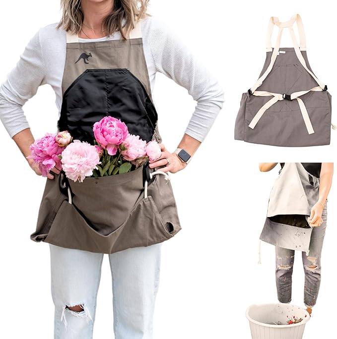 Roo Gardening Apron with Pockets for Women & Men - Canvas Garden Apron with Harvesting Pouch, Water-Resistant, Washable