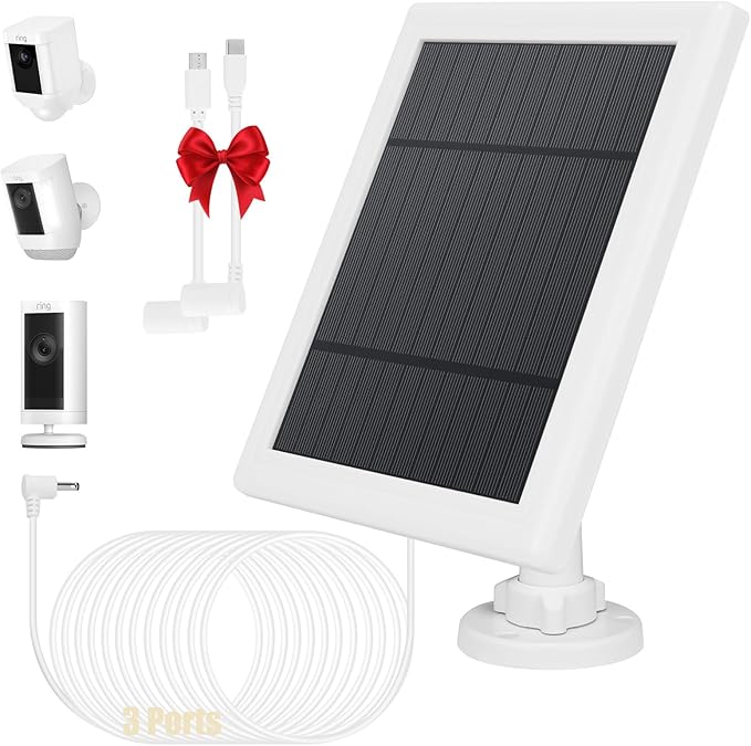 Solar Panel for Security Camera 3 IN 1 Port 5W Ring Camera Solar Charger Compatible with Ring Spotlight & Stick Up Outdoor Cam Battery, IP65 Waterproof &16.4ft Long Cable with USB-C/Micro USB/DC Ports