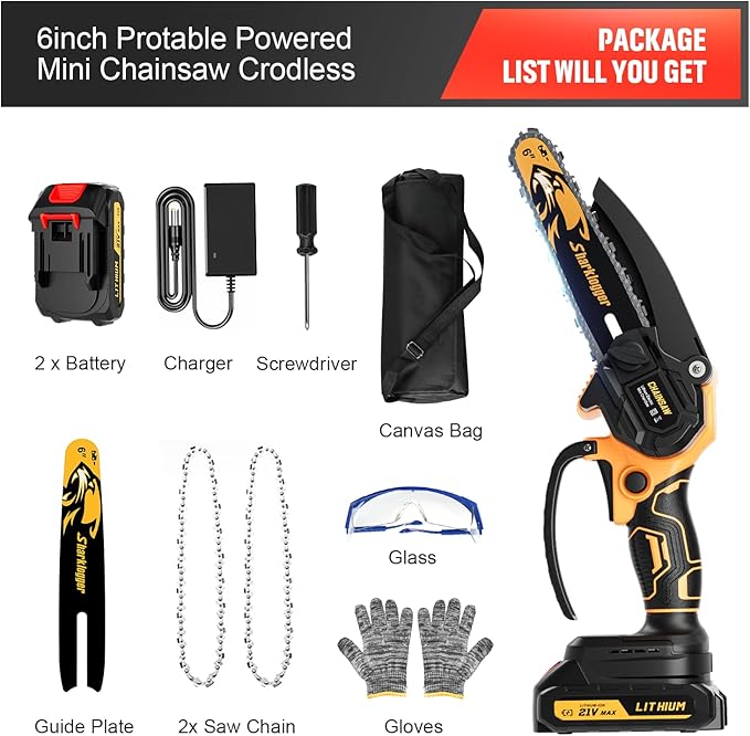 Mini Chainsaw, 6-inch Cordless Electric Small Chainsaws, Portable Handheld Chain Saw for Tree Pruning Shears Garden Maintenance, Best Fathers Day Gift for Men Dad Husband(2 Batteries)
