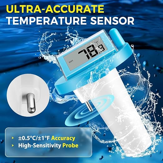 Solar Wireless Floating Pool Thermometer - Upgraded IPX8 Waterproof Easy Read Digital Thermometer with Time, Indoor Temperature & Humidity Monitor for Swimming Pools, Spas, Hot Tubs