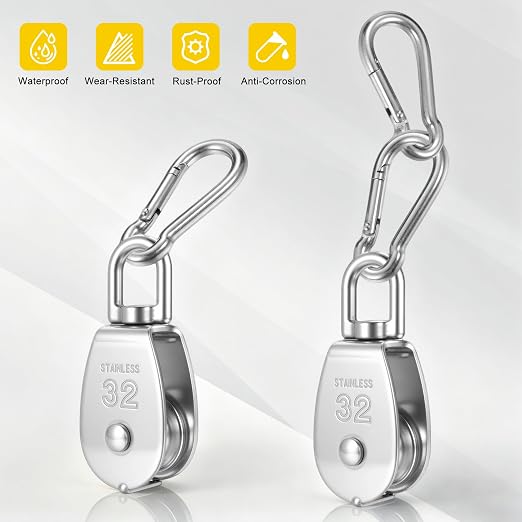 2 Sets M32 Cable Pulley System for Lifting Hanging, Including Heavy Duty Stainless Steel Single Pulley Block with 66FT Nylon Rope, Snap Hooks, Eye Pad Plate, Rope Cleat Hook, Loading 551lb
