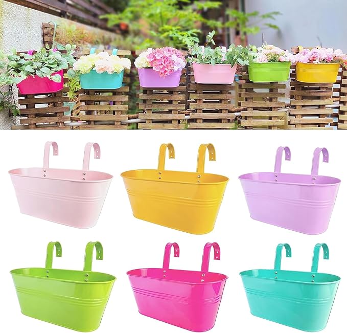 LaLaGreen Rail Planter (17 Inch, 6 Pack) Colorful Hanging Flower Pots Railing Fence Balcony Gardening for Apartment Patio Planters Garden Style Metal Iron Outdoor Deck Modern Decoration Porch Decor