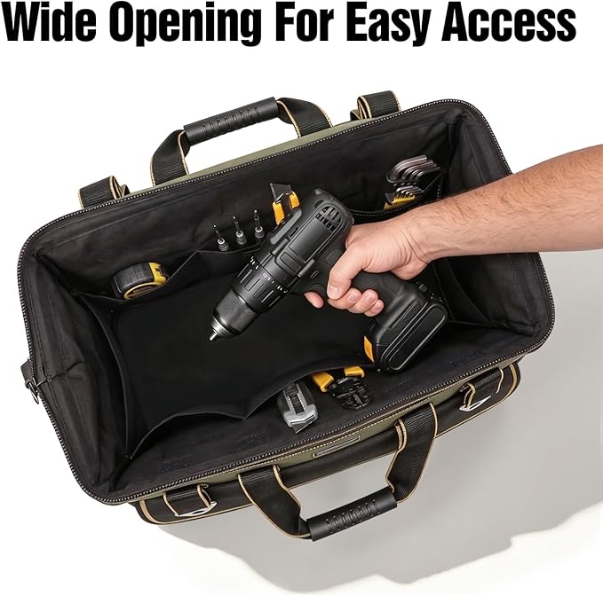 Tool Bag, Ounic 18 Inch Large Tool Tote Bag Heavy Duty With Waterproof Molded Base, Wide Mouth Tool Box Organizer with Adjustable Shoulder Strap for Electrician Mechanic Craftsman Plumbers(Coffee)