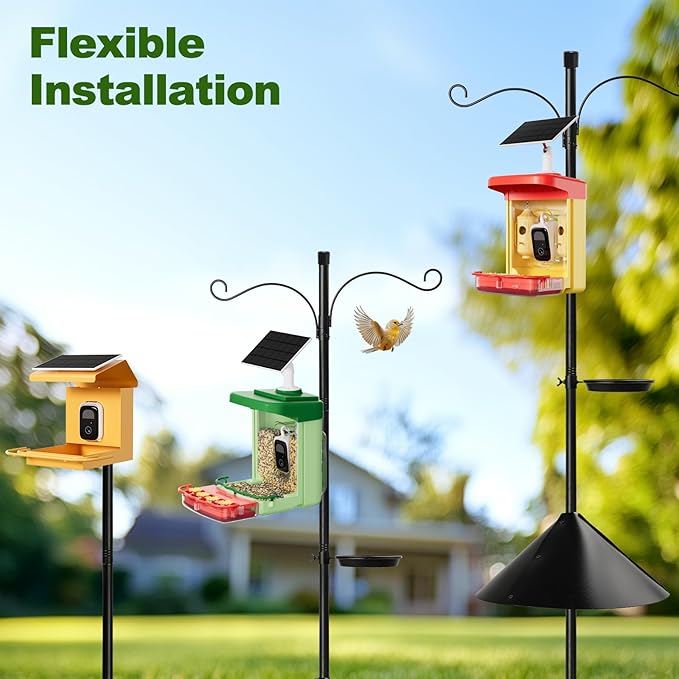 Bird Feeder Pole 92 Inch, Birds Feeding Station Kit with Squirrel Proof Baffle,2 Shepherd Hooks, Birds Water Feeder, Heavy Duty Stand 5-Prong Anchor Feeding Station for Wild Bird Watching.