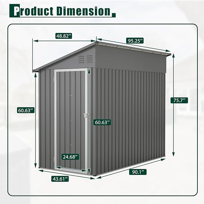 YOPTO 4x8 FT Lean to Metal Shed,Outdoor Storage Shed W/Floor Frame & Reversible Installation,All Weather Waterproof Garden Tool House W/Lockable Door & 2 Air Vents,for Backyard,Patio,Lawn,Gray