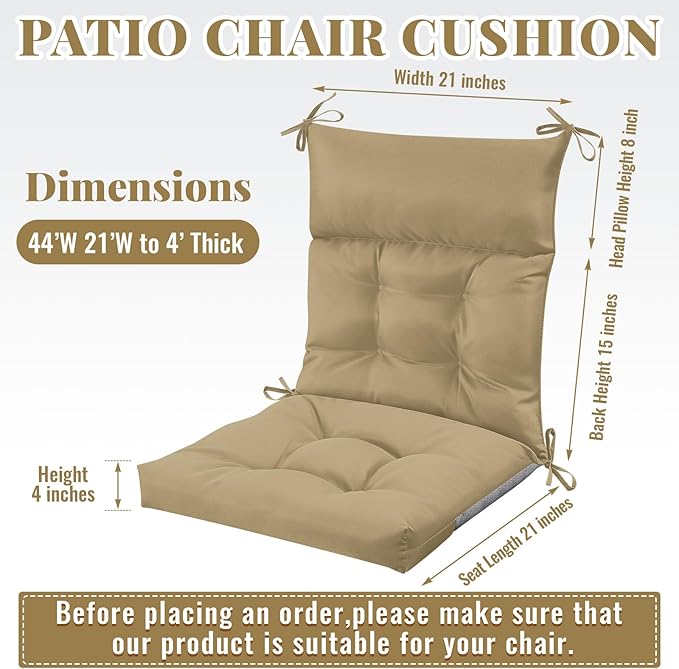Sintuff 4 Pcs 44 x 21 x 4 Patio Chair Cushions Outdoor Chair Cushion Seat/Back Tufted Pillow with Ties Water Resistant Replacement Indoor Patio Furniture Outdoor Furniture (Solid Color,Brown)