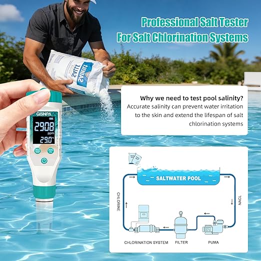 Digital Pool Water Tester, Chlorine Tester & Pool Salt Tester, Pool pH Tester 7 in 1 FAC Digital Salinity Tester for Saltwater Aquarium Sodium Chloride Swimming Pools Hot Tubs Spas