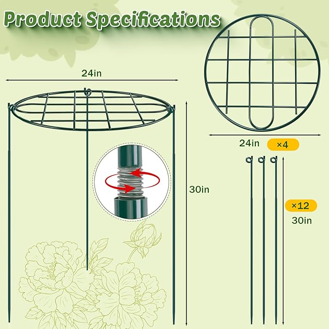 4 Pack 24 x 30 inch Peony Cages and Supports,Metal Grow Through Plant Supports for Outdoor Plants,Flowers Support Rings Top-Heavy Plant Brace Support Hoop for Vegetables,Rose,Tomato,Orchids