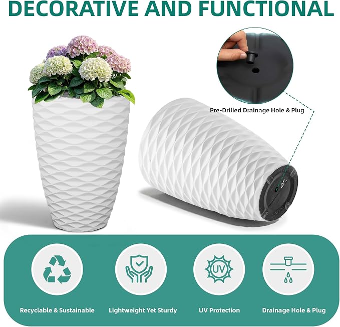 19" Nordic Wavy Tall Outdoor Planters, Set of 2 Ultra Durable Resin Large Flower with Drainage Holes, Weather-Resistant Outdoor Planters for Garden Patio Porch Balcony Living Room Office Decor