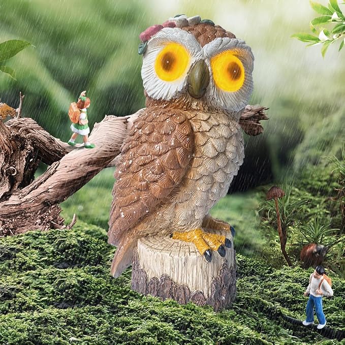 1 KINGO Fake Owl Decoy, Bird Deterrents for Outside, Solar Powered LED Eyes & Ultrasonic Deterrent, Scarecrow Owl Decoys to Scare Birds Away, Bird Repellent Devices Outdoor, Resin Garden Statues