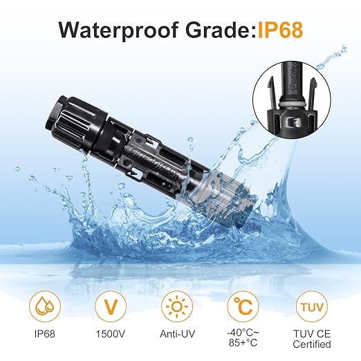 10AWG Solar Panel Cable Connector, IP68 Waterproof, 1500V 70A Tinned Copper Pins, 5 Pairs with 2 Spanners(for 10awg)