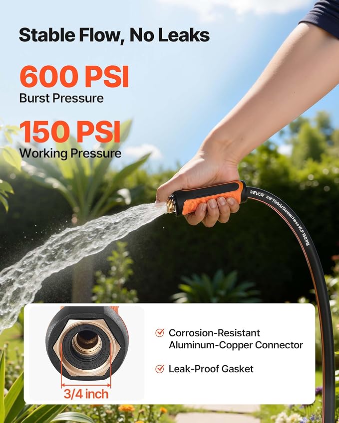 VEVOR Garden Hose, 25 ft 5/8" Heavy Duty 4-Layer Rubber Water Hose, 150PSI Working & 600PSI Burst, Flexible & Non-kink Outdoor Waterhose with 3/4" Fitting, Lightweight Hoses for Gardening Cleaning