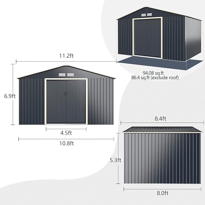 Goplus Storage Shed, Metal 11' X 8' Outdoor Building Organizer with 4 Vents & Double Sliding Door for Garden Backyard Farm (11'X8')