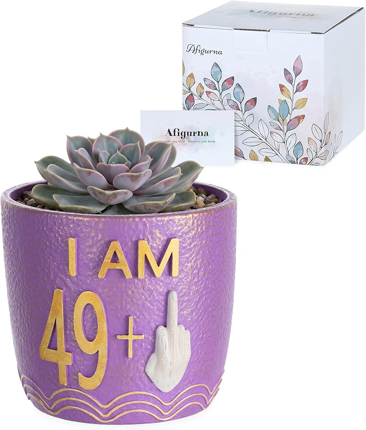 50th Birthday Gifts for Women: Funny 49 + Middle Finger Hand-Painted Planter Present for Turning Fifty - Hilarious 50th Birthday Gifts for Friend Mom - Happy 50th Birthday Decorations