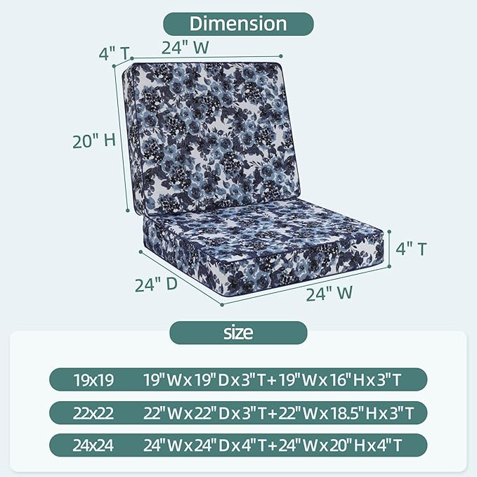 Favoyard Deep Seat Patio Cushion 24 x 24 x 4 in Waterproof Seat & Back Cushion Set with Color Fade Resisitant Pattern, Portable Handle, Attach Straps, Zipper on Removable Cover for Outdoor Furniture