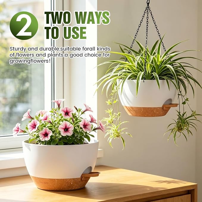 12 Inch Self Watering Hanging Planters, 2 Pack Plastic Plant Pots | Sturdy lightweight pot with side watering lip, drainage holes, snap-on detachable tray & hanging chain for easy care