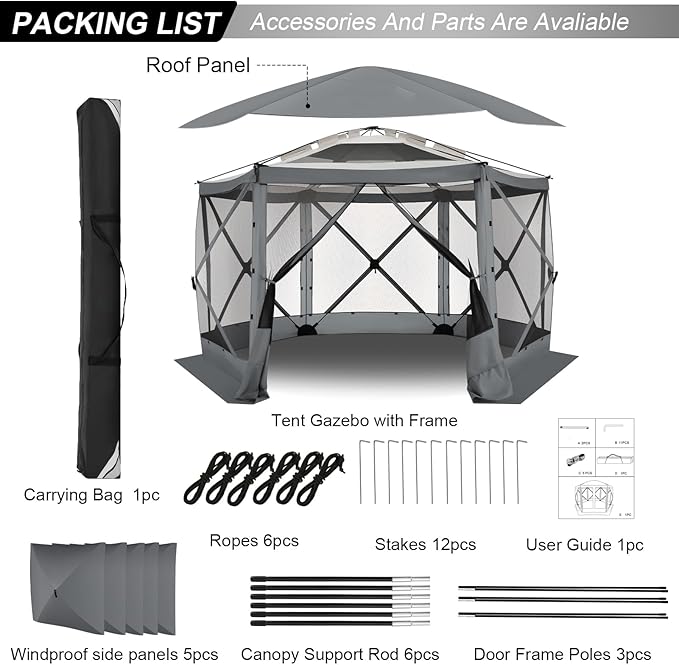 COBIZI 12x12 FT Pop Up Canopy Stargazing Tent, Gazebos On Clearance with Removable Roof, Screened in Gazebo, Screen Tents Portable carpas para Patio for Outdoor Camping,Backyard, Garden,Grey(Pro)
