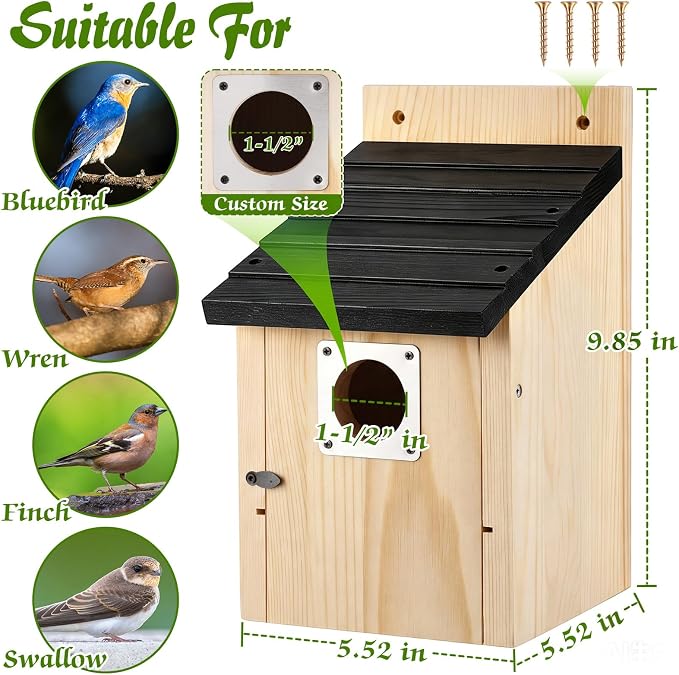 Dreyoo 8 Pack Bluebird Houses for Outside with Metal Predator Guard, 1-1/2" Entrance Hole Wooden Blue Bird Houses for Outdoors, Bluebird Nesting Box with Screwdriver(Black Roof, Wood Body)