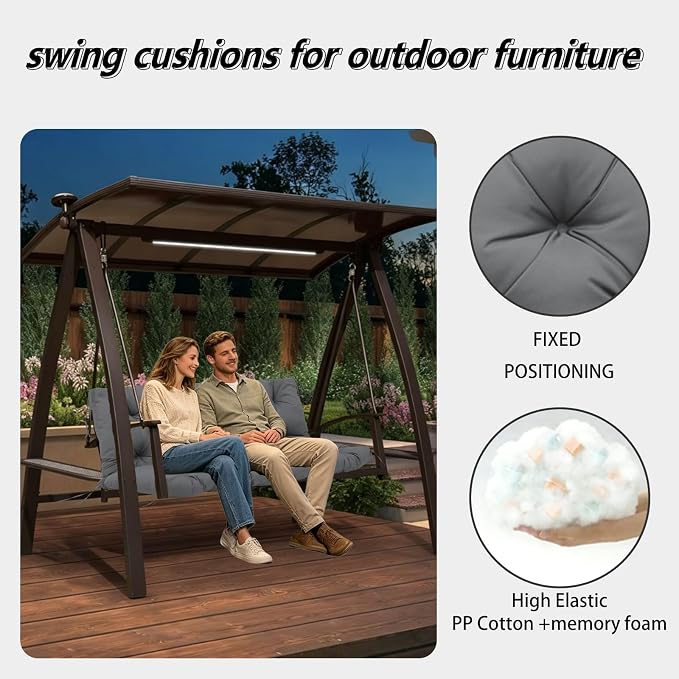 Porch Swing Cushions 60x40 Inch, 5" Extra Thick Waterproof Outdoor Swing Seat Cushion with Backrest & 8 Non-Slip Ties PP Cotton + Memory Foam Fill, Fade-Resistant 3-Seater Replacement for Patio Bench
