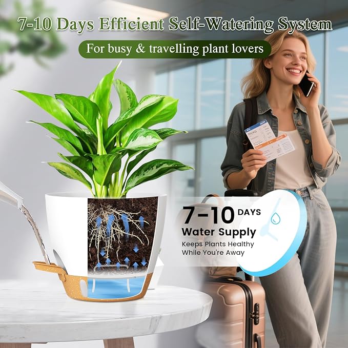 Self Watering Pots with Drainage Holes, 2 Pack 8 Inch Plant Pots with Water Level Indicator Deep Reservoir, Large Plastic Planter for Indoor Outdoor Plants - White Brown