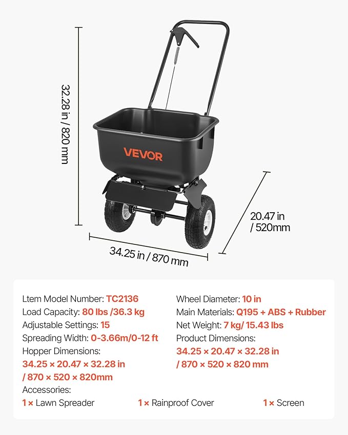 VEVOR Push Lawn Spreader, 12ft Spreading Width, Broadcast Spreader with 80lbs Load Capacity & 10 in All-Terrain Tires, Walk-Behind Garden & Lawn Broadcast Spreaders for Seed Fertilizer, Salt Ice Melt