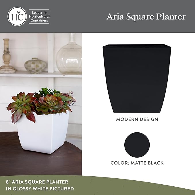 The HC Companies Aria Self Watering Square Plant Pot w/Drainage - Classic Planters for Outdoor Plants & Indoor Plants - Lightweight & UV-Resistant Plastic Pots for Plants (8" Matte Black, Pack of 2)
