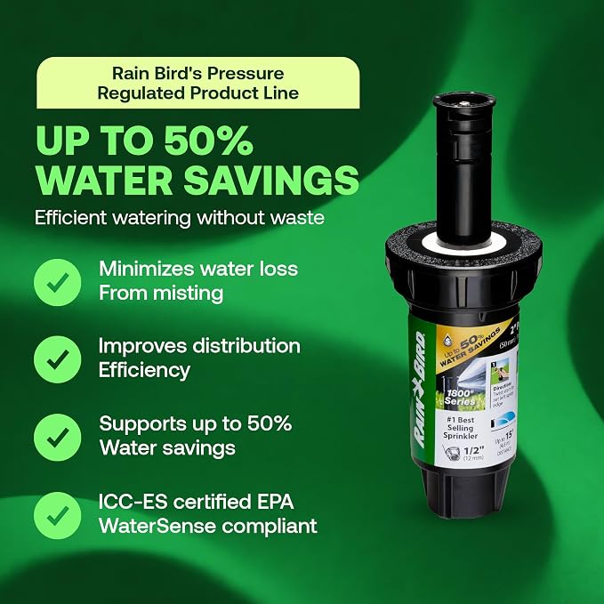 Rain Bird 1802HDSPRS Pressure Regulated 1800 Series Dual Spray 2 Inch Pop Up Sprinkler Head, 4 Pack -Water Efficient Lawn Sprinkler with 180 Degree Half Pattern, 1/2 in NPT, Up to 15 Ft Spray Distance