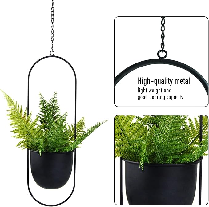 Modern Metal Hanging Planters with 6 Inch Pots and Sturdy Rods - Set of 2 Oval Geometric Plant Hangers - Black Wall and Ceiling Mount Flower Holders for Indoor and Houseplants