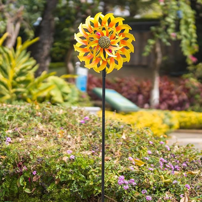 Metal Sunflower Wind Spinner Outdoor,13Inch Large Double Windmill Pinwheels with Stake,Kinetic Wind Sculpture Outdoor for Yard, Garden, Lawn Decorations