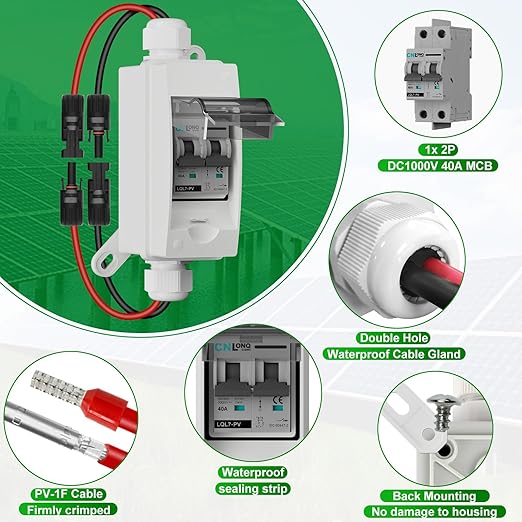 Solar Disconnect Switch 40A DC1000V Circuit Breaker 2P with PV Connector and IP65 Small Breaker Box and Wall Hooks for Outdoor PV Stystem, Battery, PV Array MCB