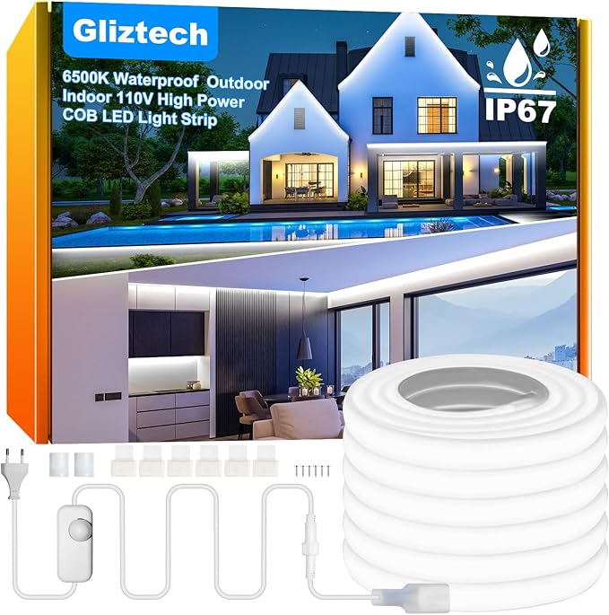 Gliztech IP67 Waterproof COB LED Strip Lights AC 110V-120V Direct Plug, 66FT Super Bright Outdoor Strip Lights with Double Fuse Controller, 6500K White LED Strips for Garden Patio Commercial Decor