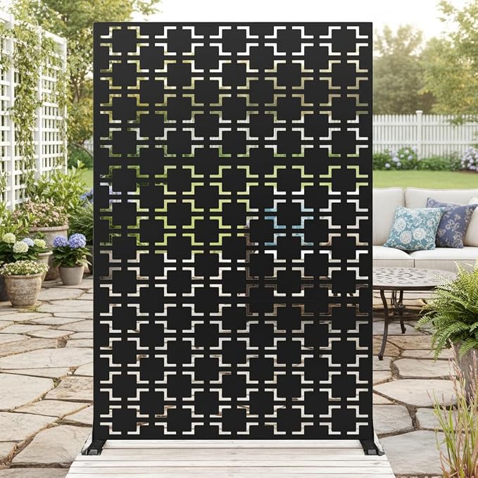 Privacy Screen Outdoor Metal Fence Panel, 72" H x 47" W Freestanding Decorative Privacy Fence for Patio, Deck, Balcony, Backyard, Garden with Stable Base