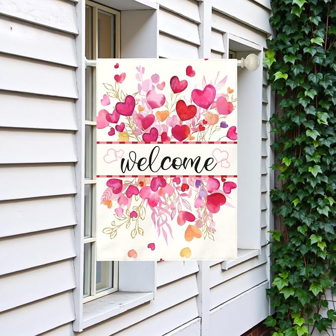 Valentines Day Garden Flag Welcome Heart Large Double Sided House Banner Romantic Red Pink Love Hearts Yard Flags for Porch Patio Lawn Farmhouse Wedding Anniversary Party Decor 28x40 Inch