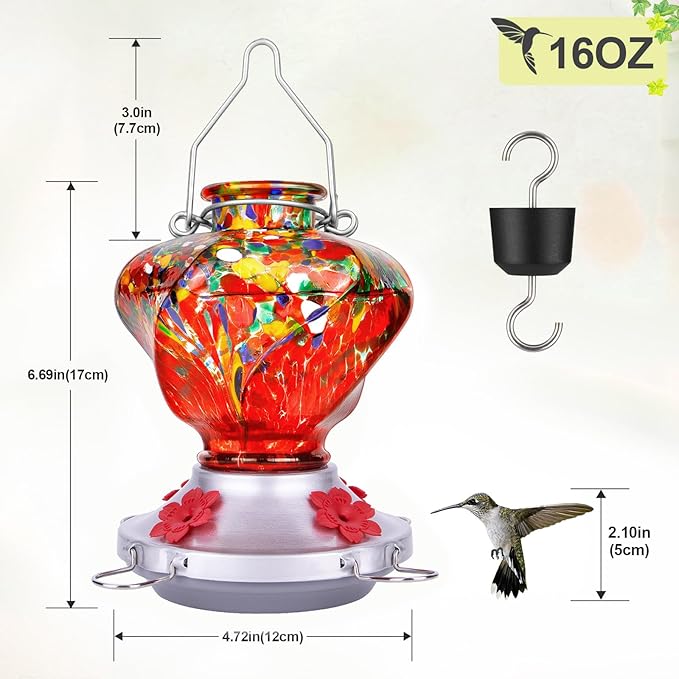Hummingbird Feeder for Outdoors with Ant Moat, Hummingbird Feeder, Hand Blown Glass, 4 Bee Guard Feeding Ports with Perch, Outdoor Garden Décor, 16OZ, Red, Gifts for Mom Wife Dad Men Women