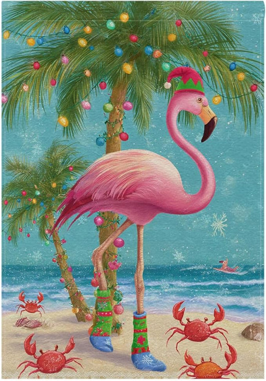Pfrewn Christmas Winter Garden Flag 12x18 Double Sided Christmas Tropical Flamingo Palm Tree Crab Small House Yard Flags Welcome Seasonal Outdoor Indoor Banner for Xmas Holiday Yard Home Decoration
