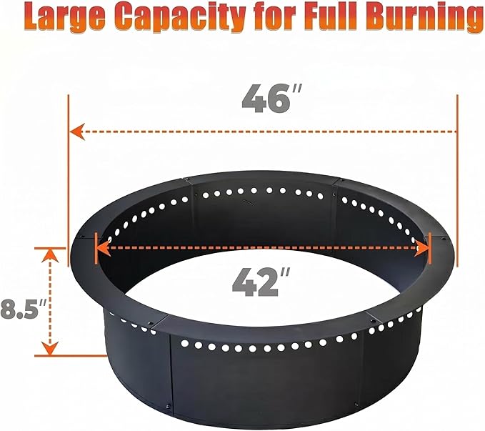 SoulMate Outdoor 46-Inch Outer/42-Inch Inner Fire Pit Ring Smokeless,Duty Solid Metal Steel Round Firepit Rim Insert for DIY Fire Pits, Outdoor Above or In-Ground, Camping Garden Patio Backyard.